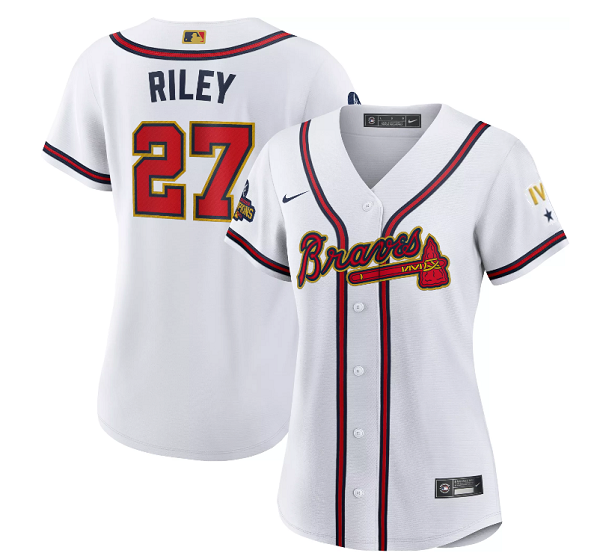 Women's Atlanta Braves #27 Austin Riley 2022 White/Gold World Series Champions Program Stitched Jersey(Run Small)